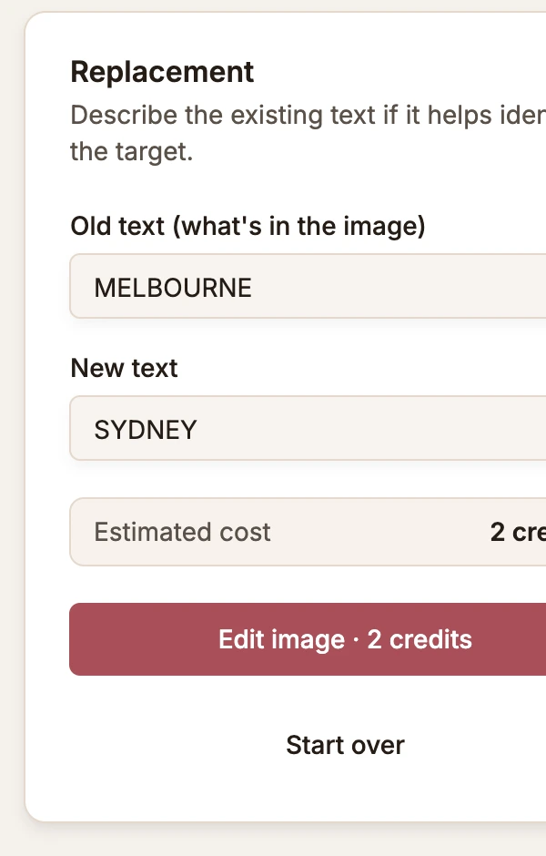 The replacement panel with old text, new text and the credit estimate
